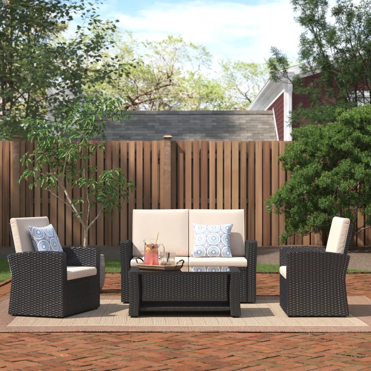 4 Piece Patio Furniture Set, Outdoor Rattan Conversation Set with Coffee Table, Outside Wicker Sectional Sofa Couch