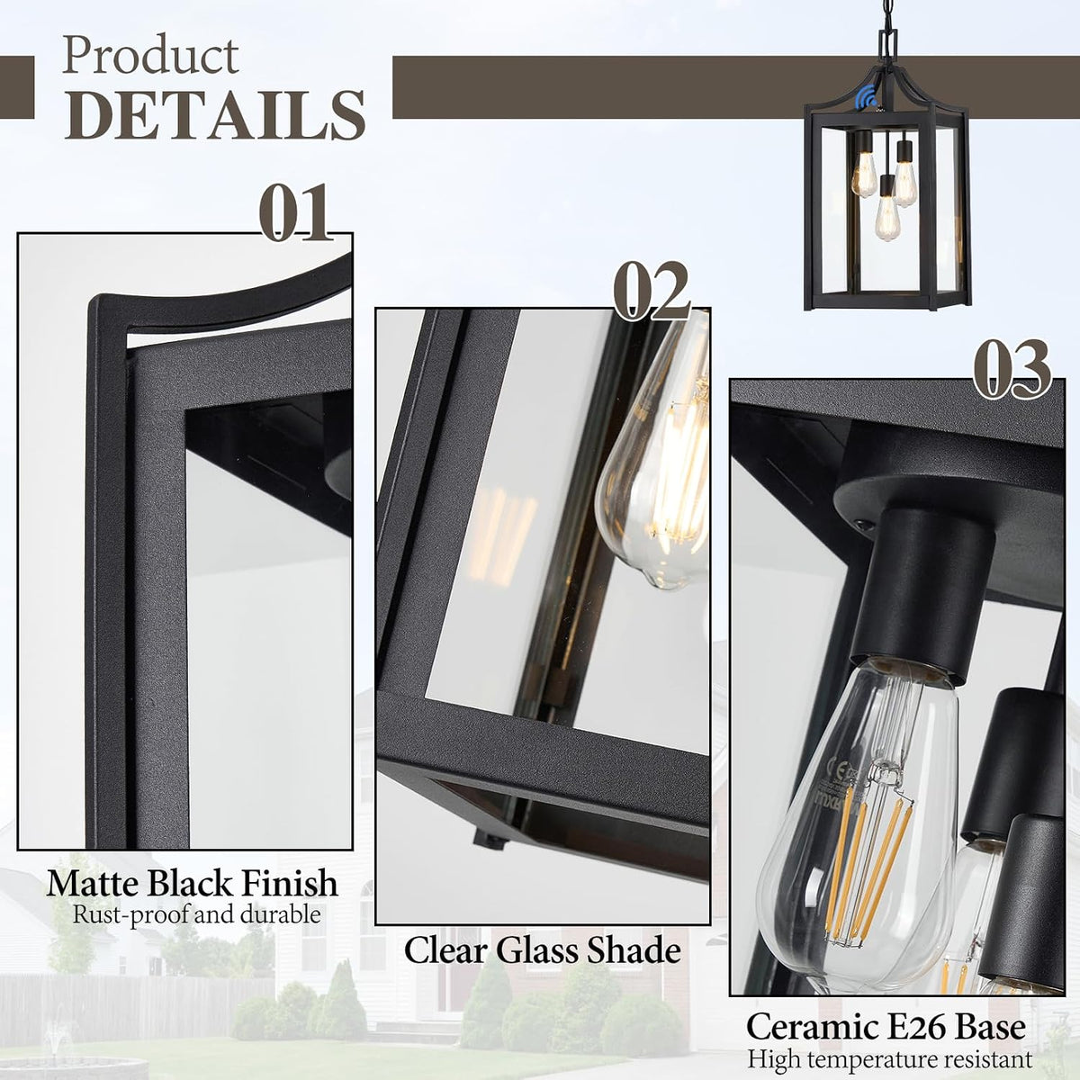 Outdoor Pendant Lights for Porch, 18.5" Large Dusk to Dawn Outdoor Chandelier with Clear Glass