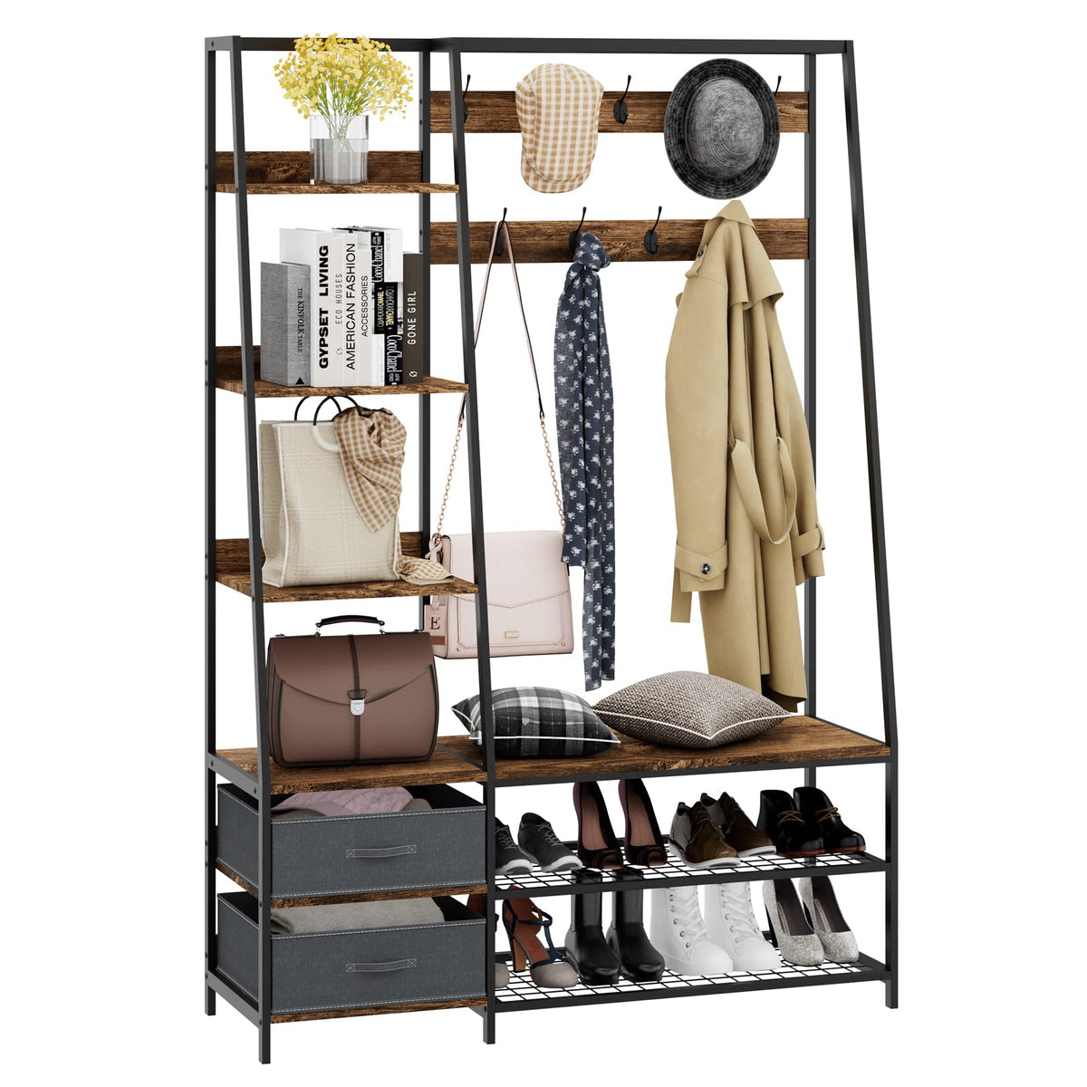 Hall Tree with Bench and Shoe Storage, Industrial Entryway Bench with Coat Rack, 2 Fabric Dressers, 6 Side Shelves, 9