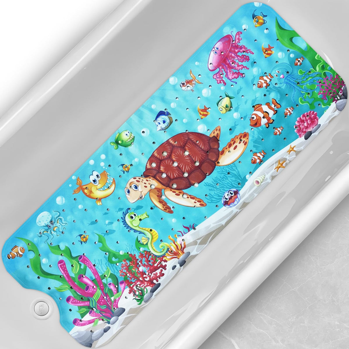 Baby Bath Tub Mat, 40 x 16 Inch Extra Large Non Slip Kids Cartoon Bathtub Shower Mats with Suction Cups & Drain