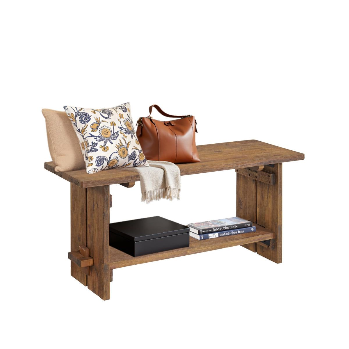 Bethel Rustic Solid Wood Entryway Bench with Shelf, Natural