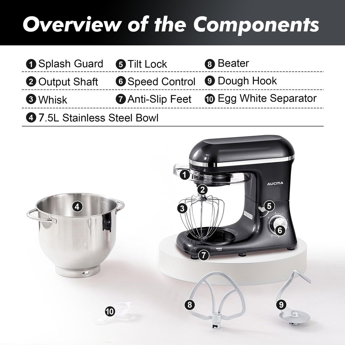 Stand Mixer,8QT 900W 6-Speed Tilt-Head Food Mixer, Kitchen Electric Mixer with Dough Hook, Wire Whip & Beater
