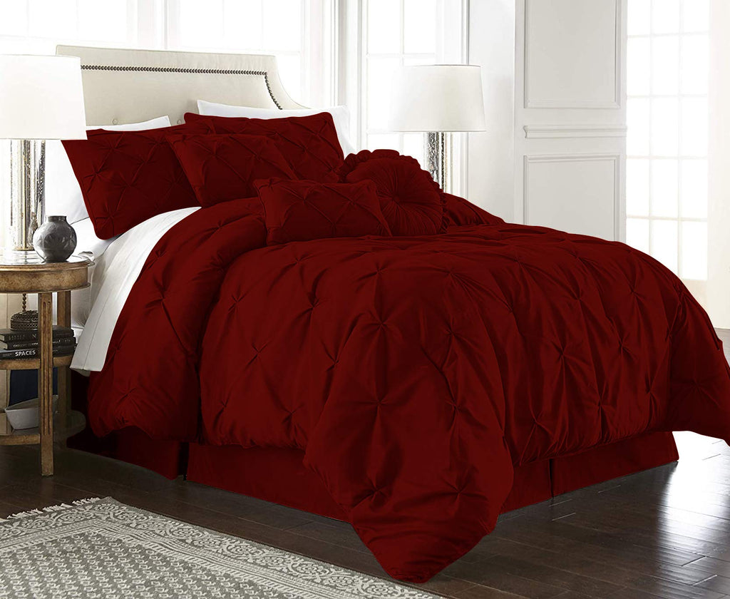 100% Egyptian Cotton 7-Piece Pinch Pleat Pintuck Bedding Comforter Set, 1000 Thread Count (TwinXL, Burgundy)