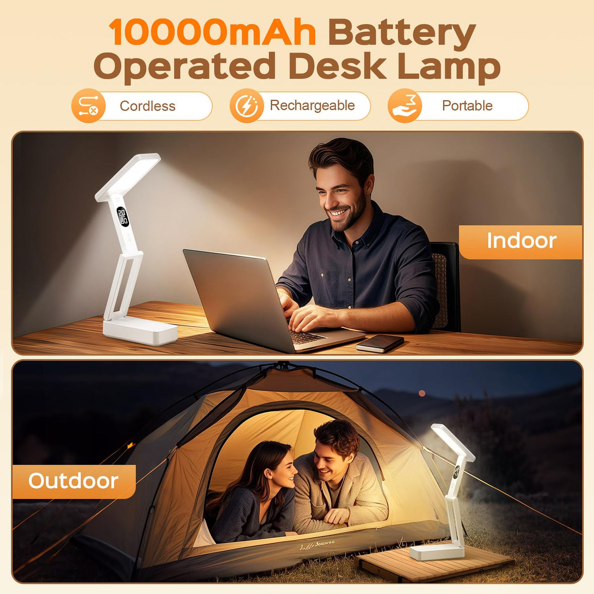 Small Desk Lamp,10000mAh Battery Operated Lamp,3 Colors+Dimmable Desk Light,LED Desk Lamp with Digital