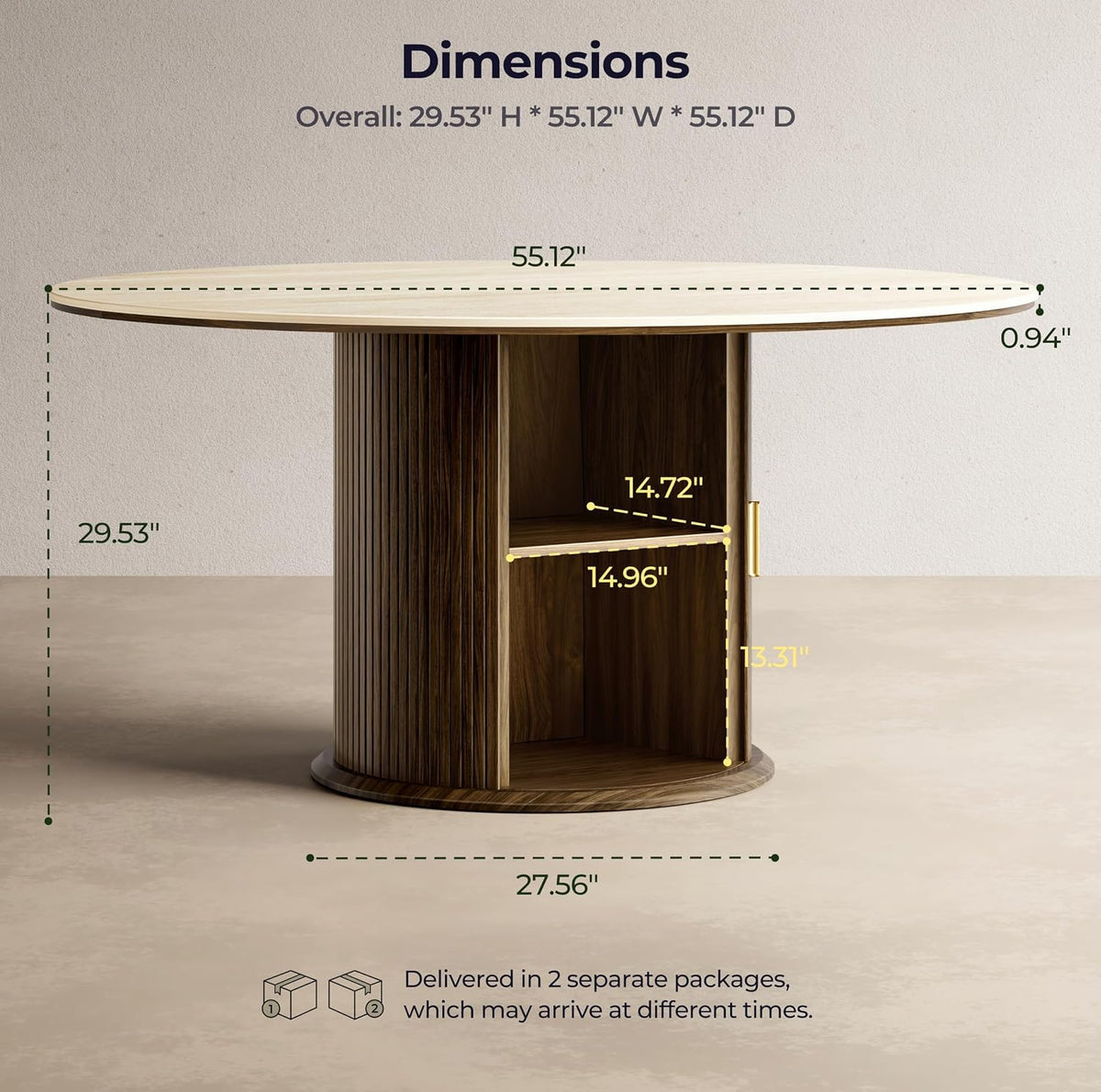 Inspired Saarinen Style 55-Inch Sintered Stone Round Dining Table with Pedestal for 6, Walnut