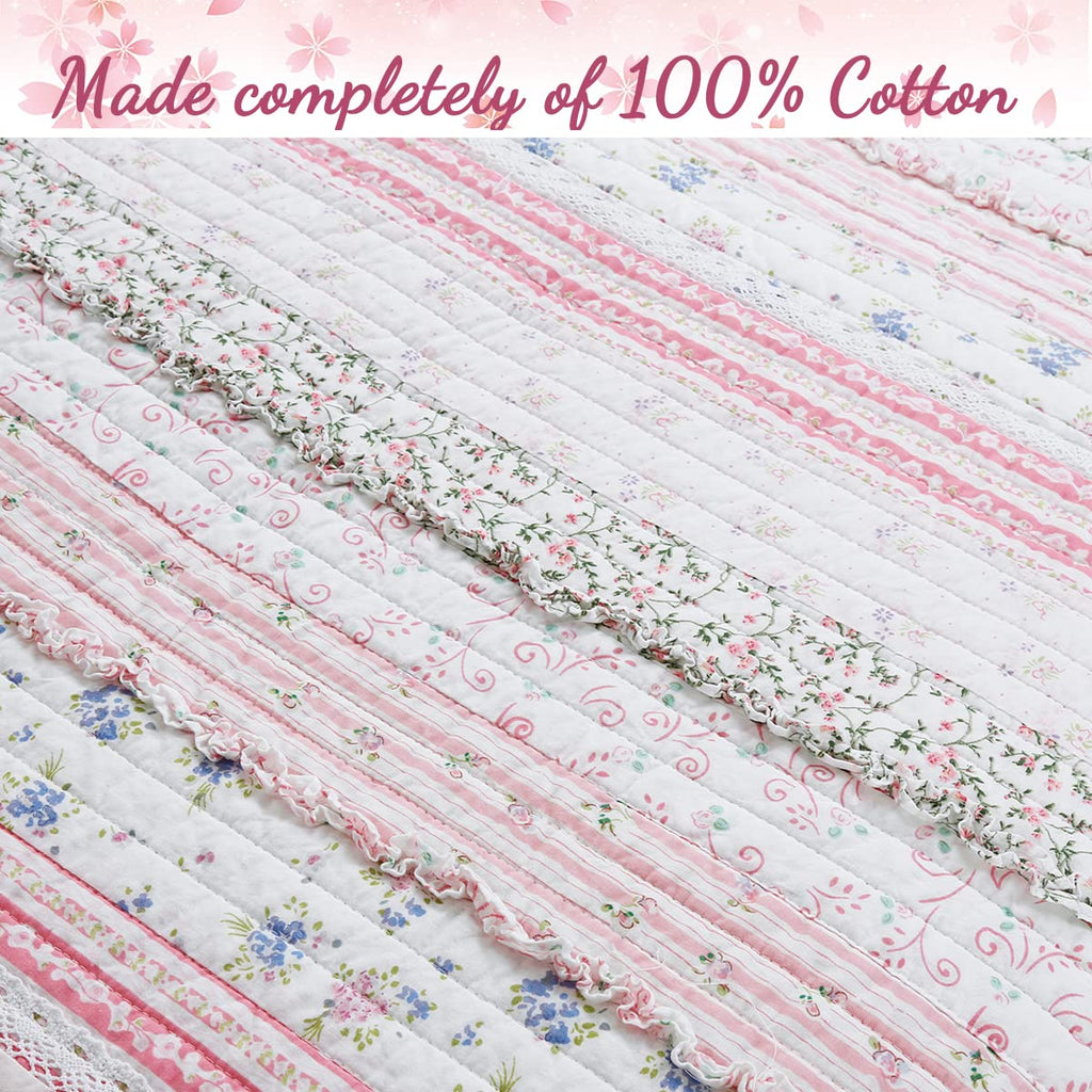 Shabby Chic Pink Flower Lace Ruffle Stripe 100% Cotton Reversible Quilt Bedding Set, Coverlet, Bedspread (Pink