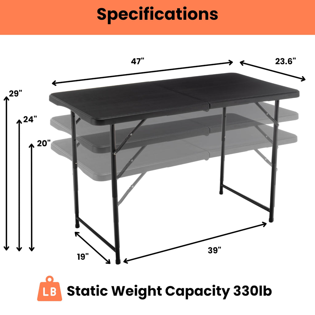 Set of 2, Fold-in-Half Folding Utility Table 4Feet Lightweight Height Adjustable Portable Carrying Handle Indoor