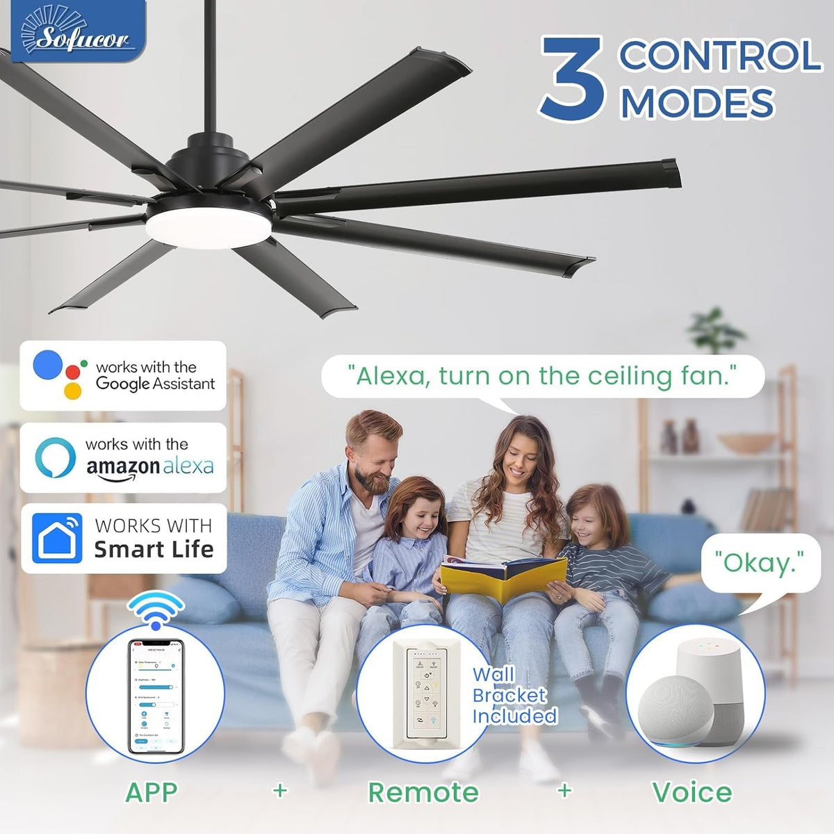 84" Black Outdoor Smart Ceiling Fan with Light & Remote