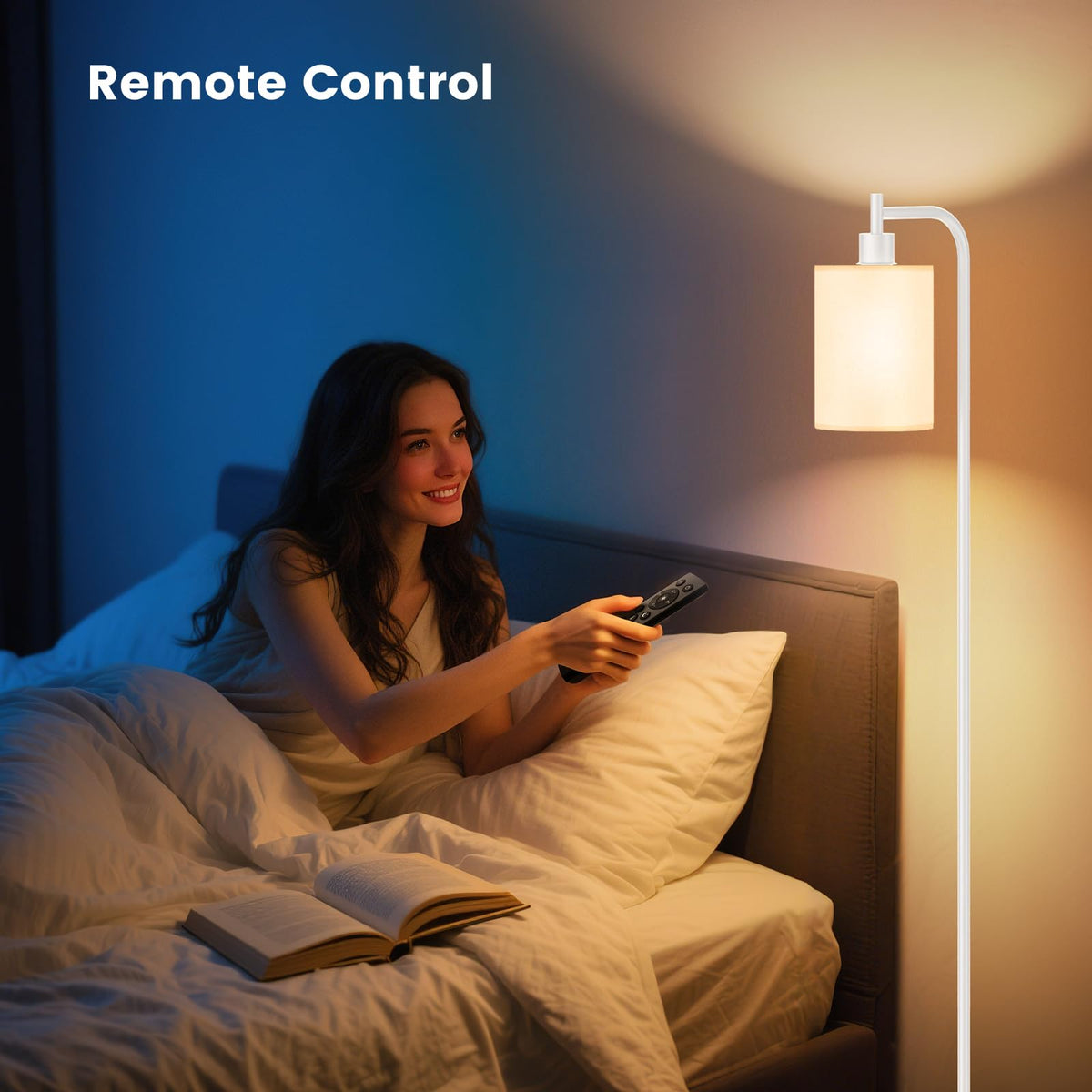 Floor Lamp with Linen Shade, Dimmable Tall Standing Lamp with Remote Control & 3 Color Temperatures, Modern Floor