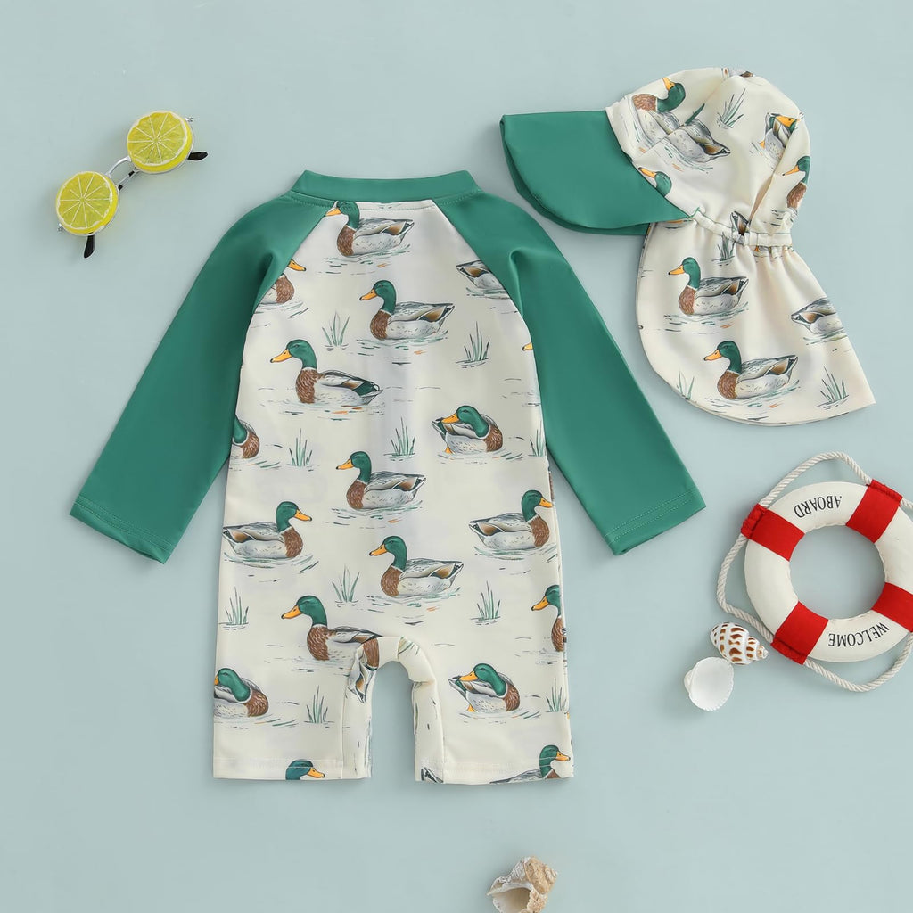 Toddler Baby Boy Swimsuit One Piece Rash Guard Bathing Suit Infant Beach Swimwear with Hat