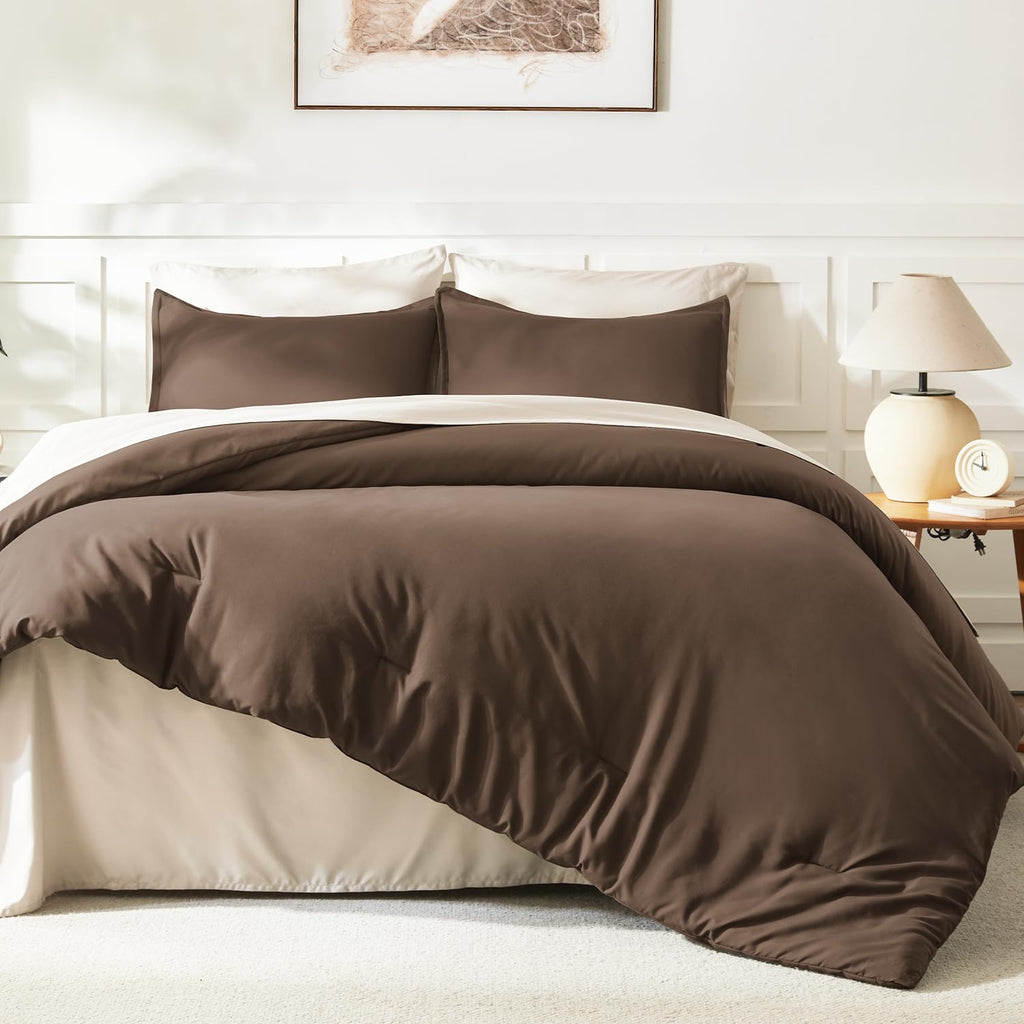 Brown Comforter Set, 3 Pieces Solid Bedding