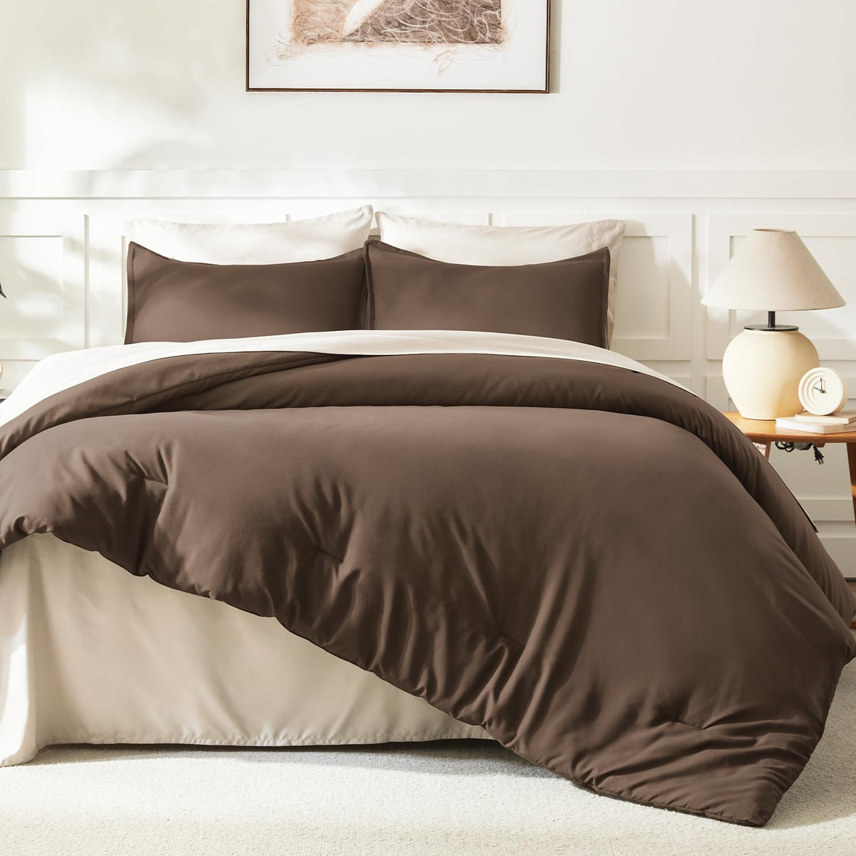 Brown Comforter Set, 3 Pieces Solid Bedding