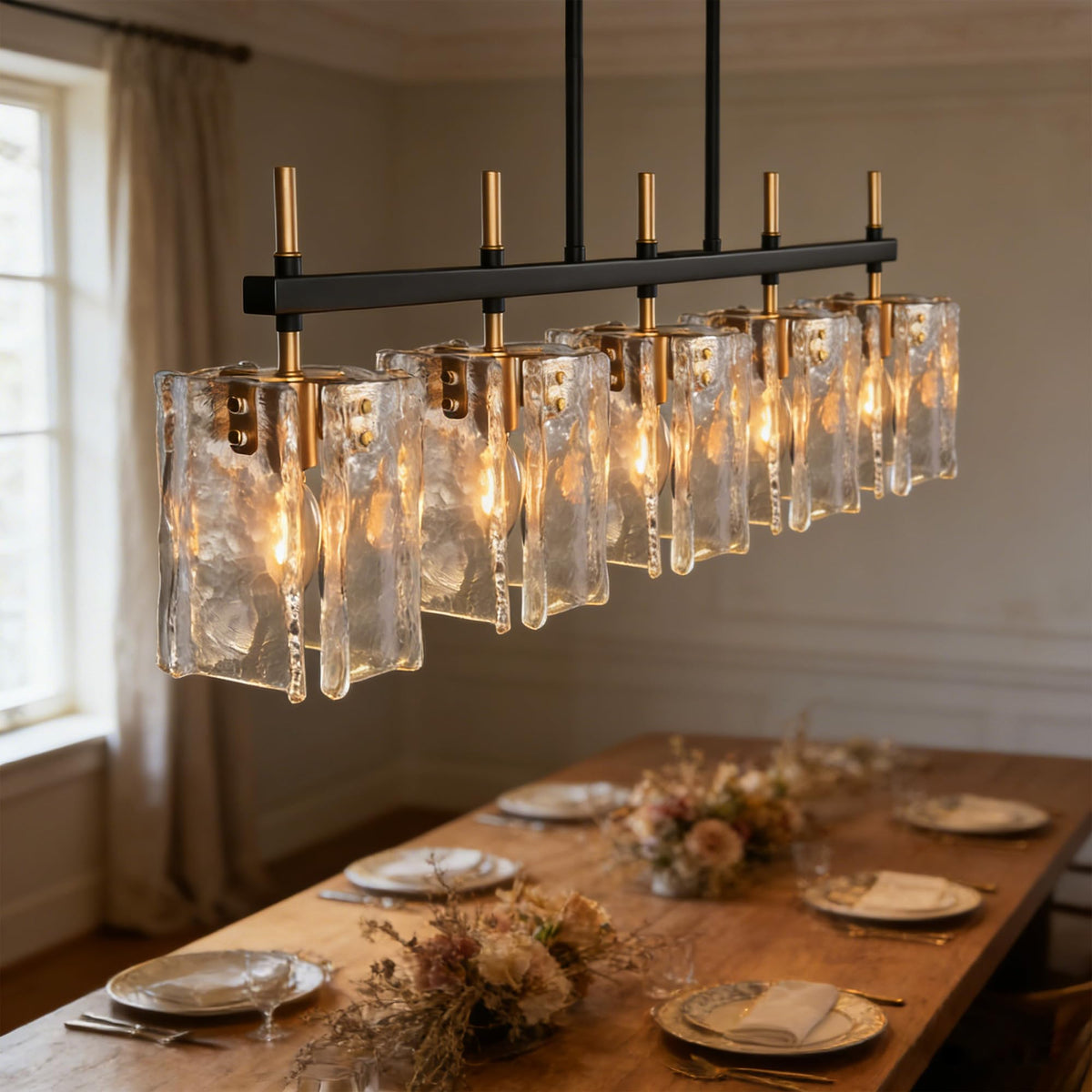 Rectangular Dining Room Light Fixture 42"L Black and Gold Glass Linear Chandeliers Over Table, Farmhouse