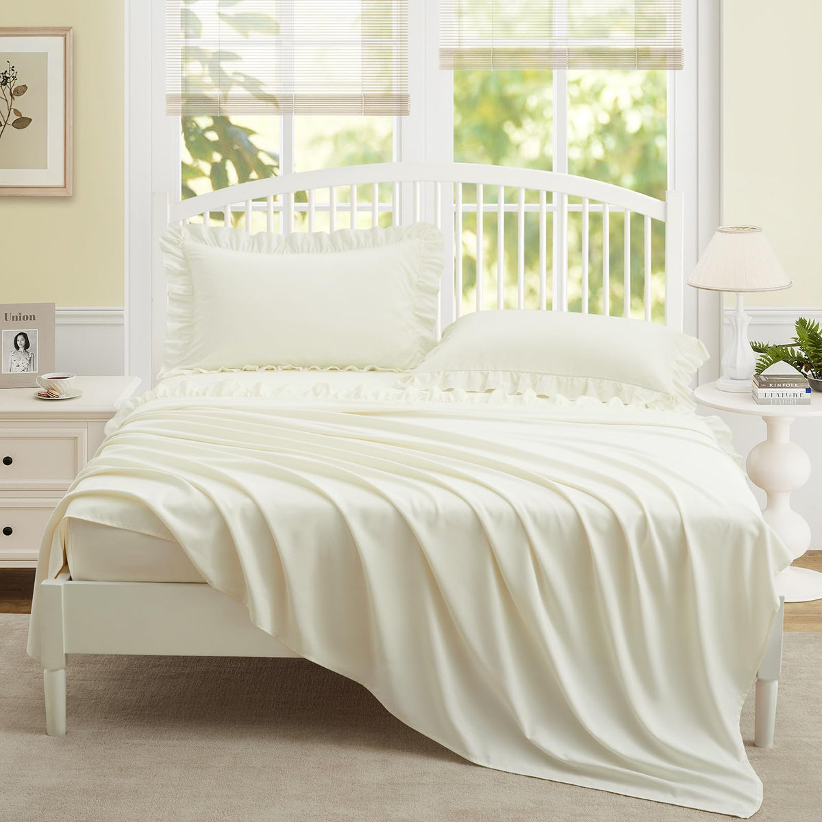 4 Pieces Ruffle Sheet Set, Beige Bed Sheets
