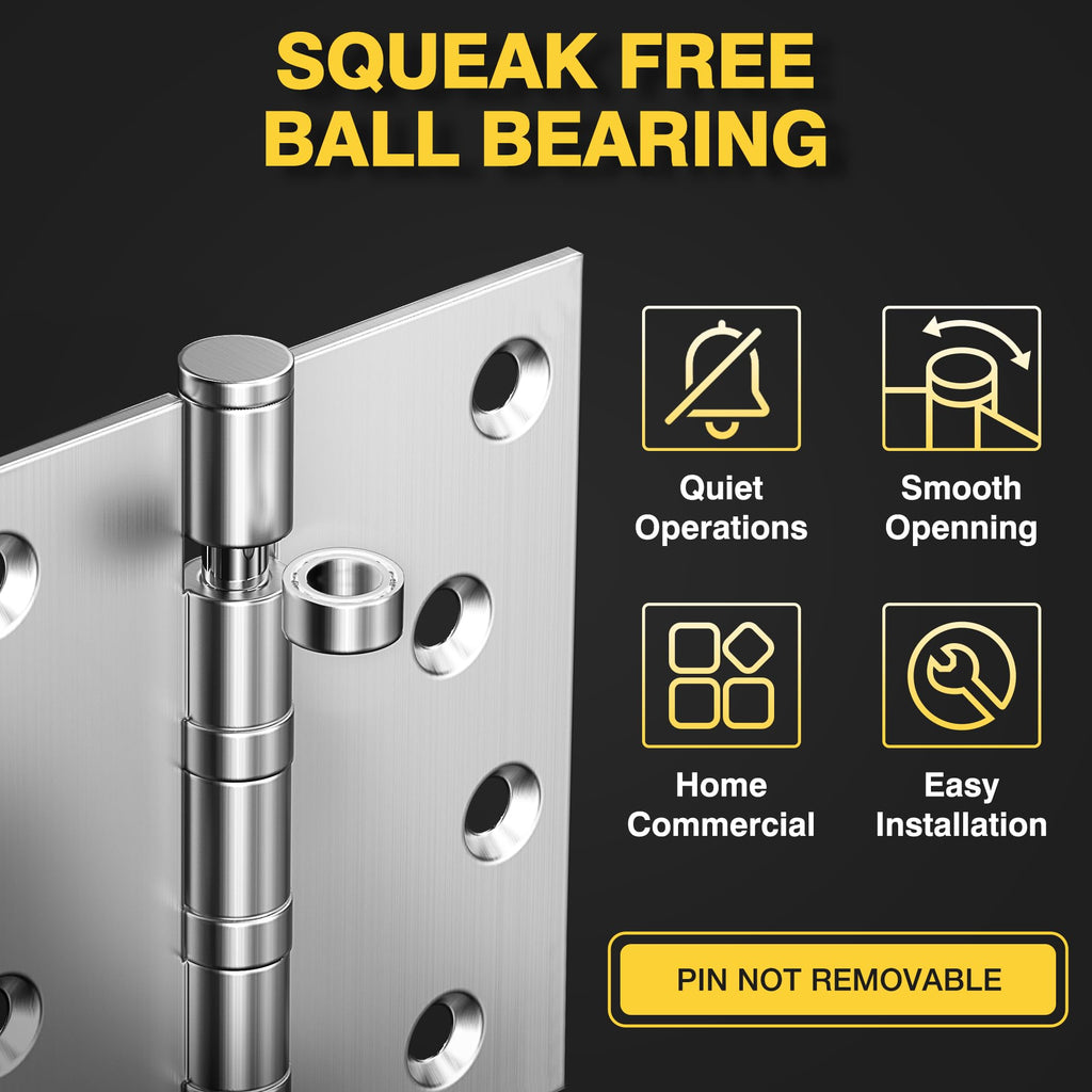 Ball Bearing Door Hinges, 4 x 4 Inches, Brushed Nickel, 6 Pack