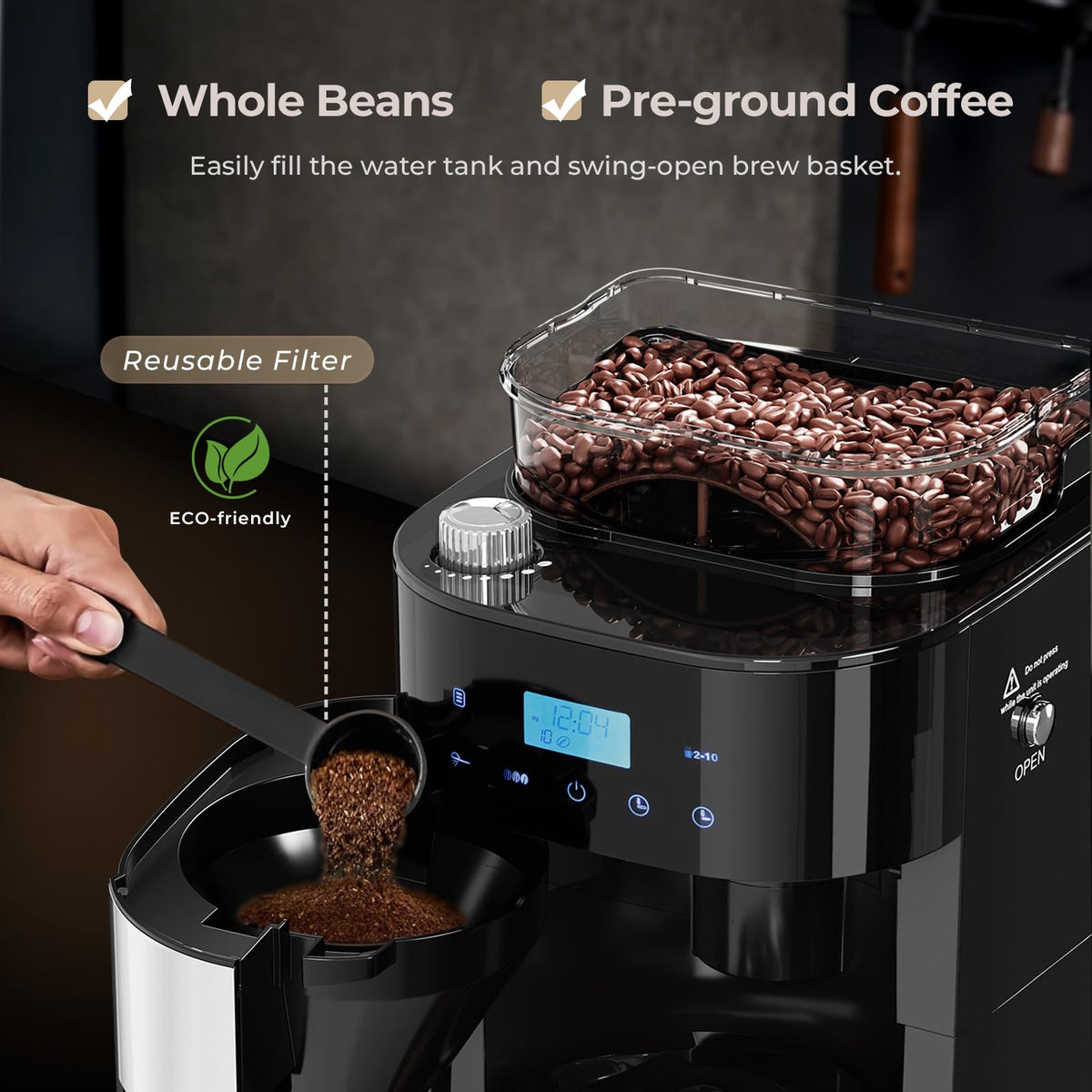 Drip Coffee Maker with Built In Grinder, 10-Cup Grind and Brew Coffee Machine Fully Automatic, Programmable with Brew