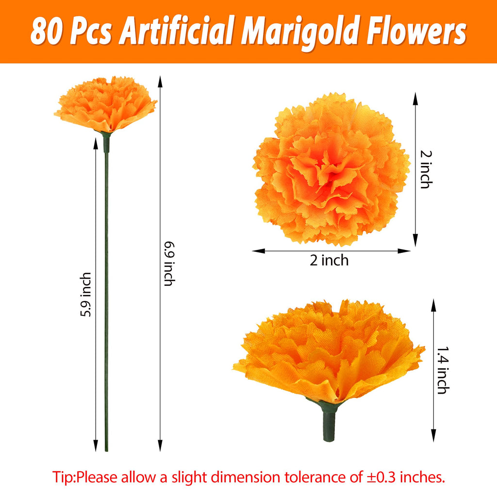 80 Pcs Artificial Marigold Flowers, 2" Silk Marigold Flower Heads with Stems, Orange Flowers Artificial for Diwali