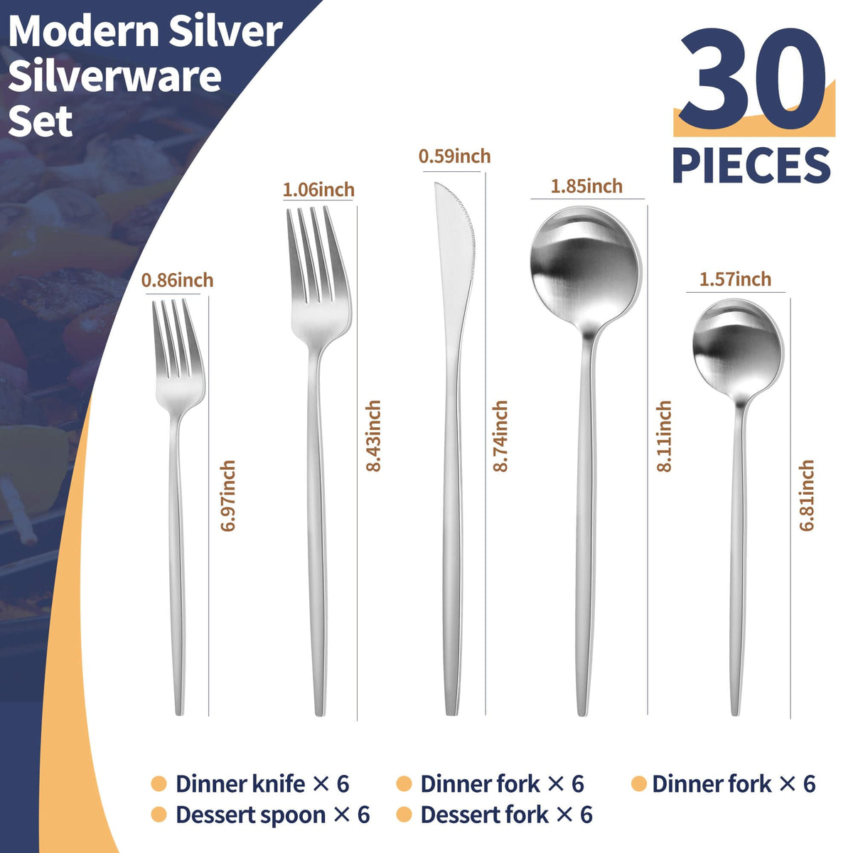 Matte Silverware Set, 30 Piece Stainless Steel Modern Flatware, Brushed Cutlery Service for 6, Satin Finish Utensils