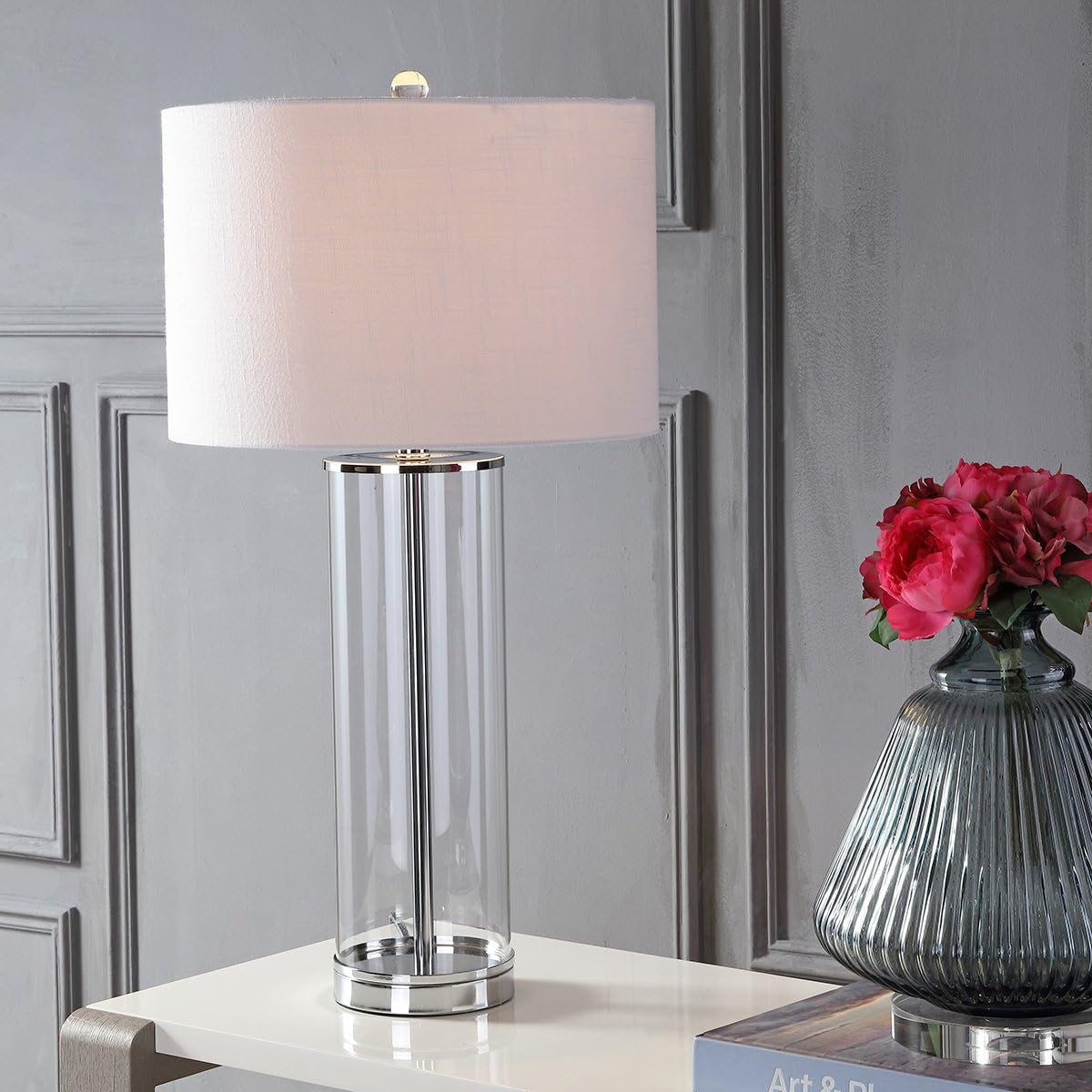 29" Clear/Chrome Modern Glass Table Lamp Bedroom, Minimalist Nightstand Bedside Lamp, White Linen Drum Shade