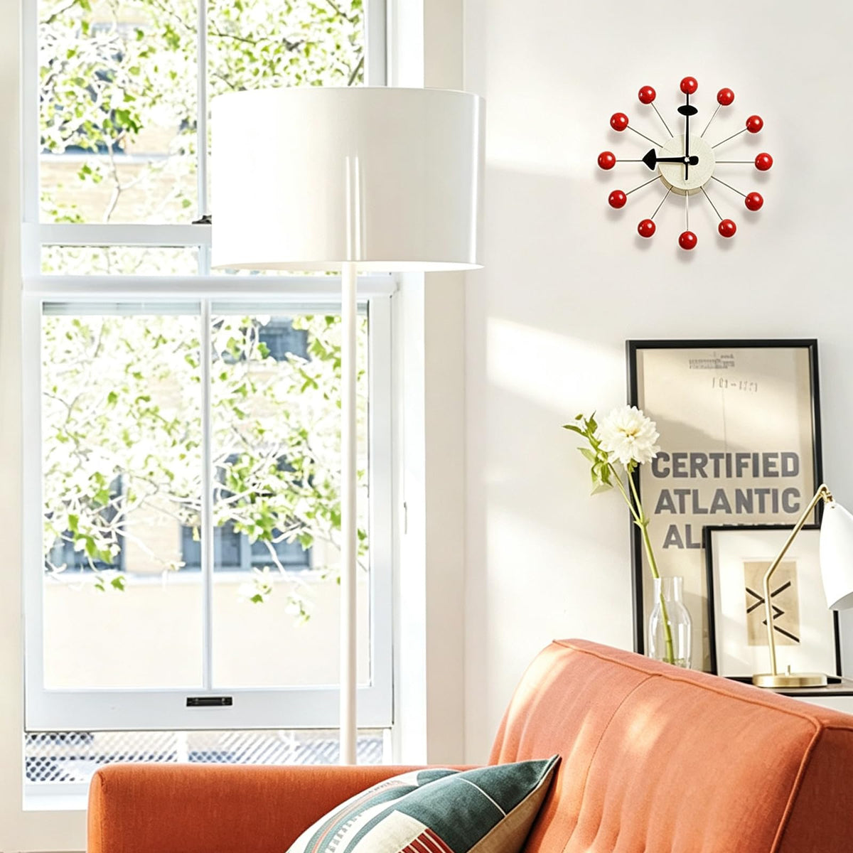 Inspired Nelson Style Modern Mid Century Retro Design Solid Wood Wall Ball Clock Red