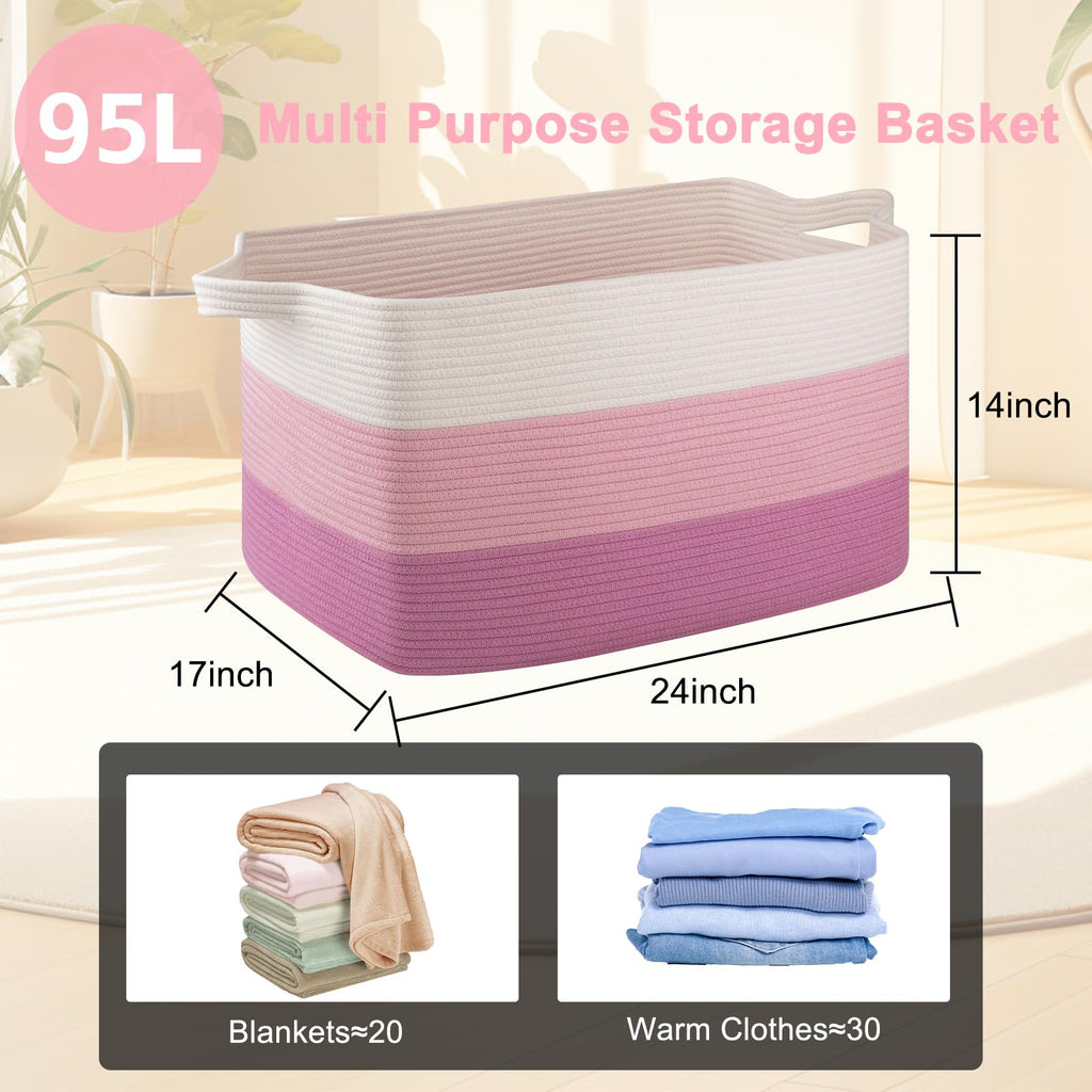 Extra Large Blanket Basket, 95L Cotton Rope Woven Laundry Basket, Toy Bin for Baby Room, Container for Blanket