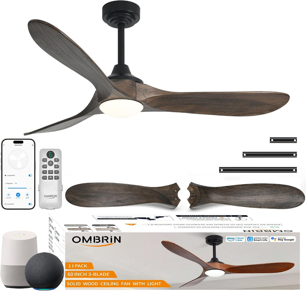 60" Wood Indoor/Outdoor Smart Ceiling Fan with Light & Remote