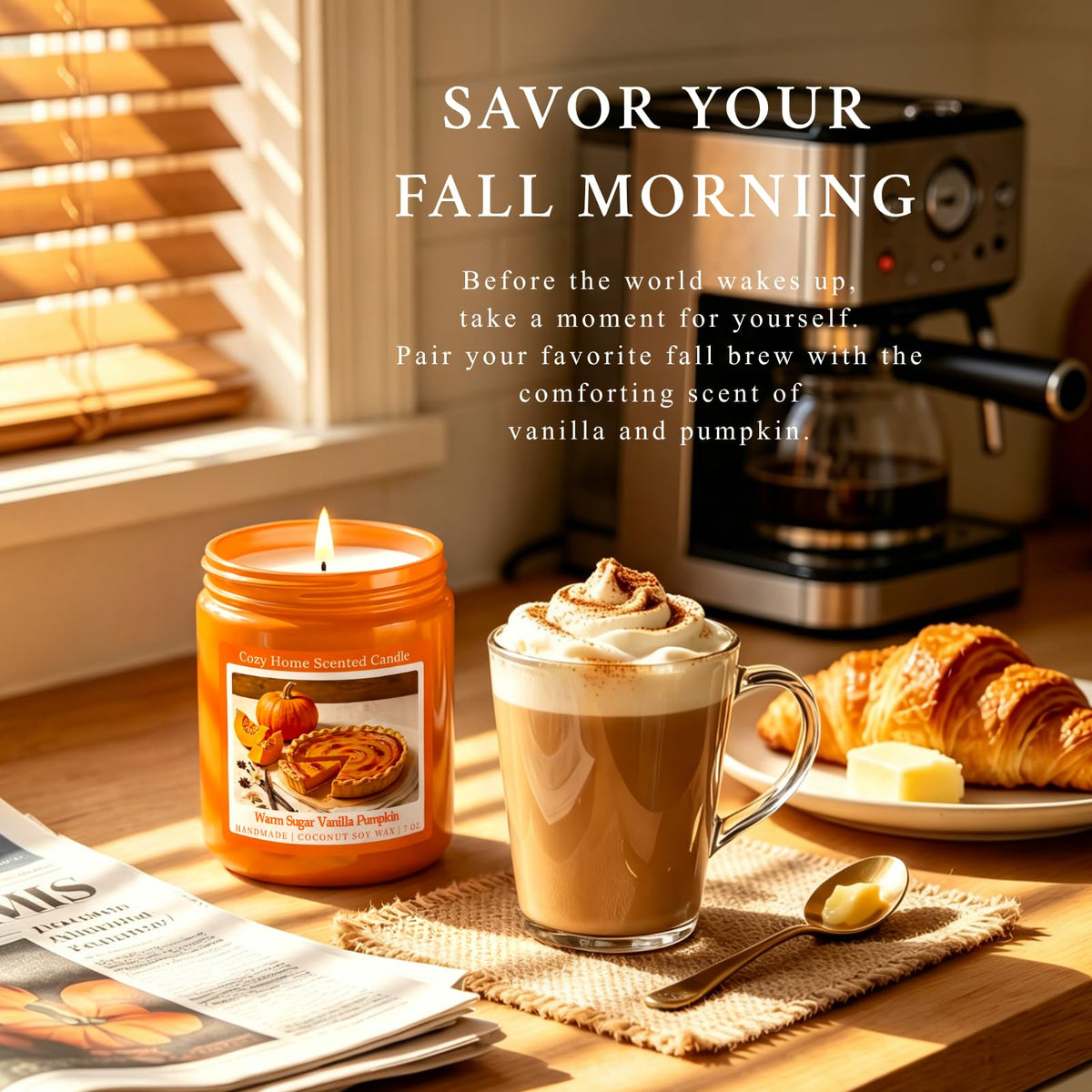 7OZ Warm Vanilla Pumpkin Fall Scented Candle, Natural Coconut Soy Wax Fall Candles with Mild Bakery Notes, Nostalgic