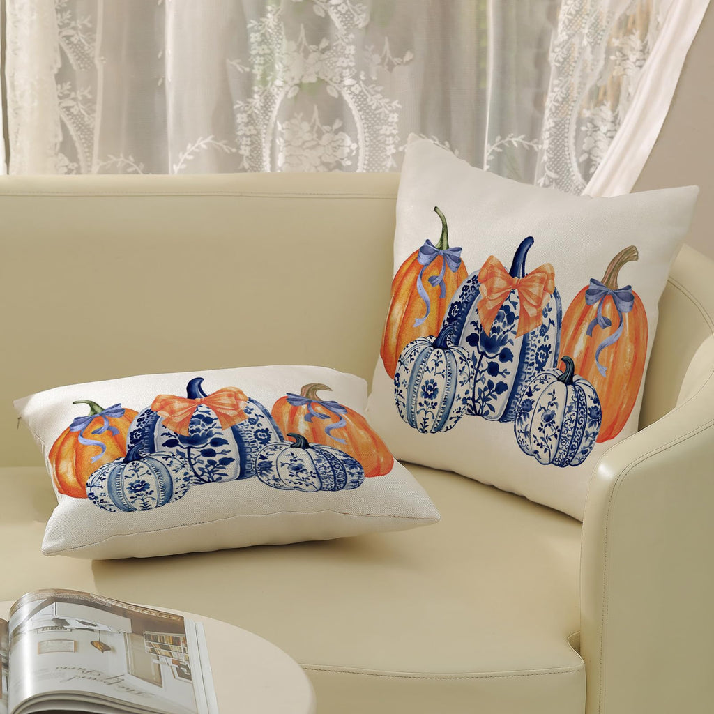 Fall Pillow Covers 22x22 Pack of 2 Chinoiserie Blue and Orange Pumpkin Throw Pillow Cover Outdoor, Fall Thanksgiving