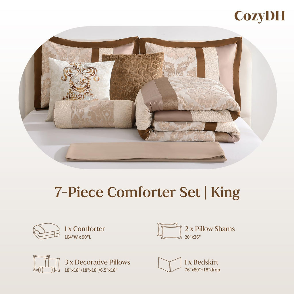 Beige Brown Gold Comforter Set, Luxury Jacquard Bedding 7 Pcs