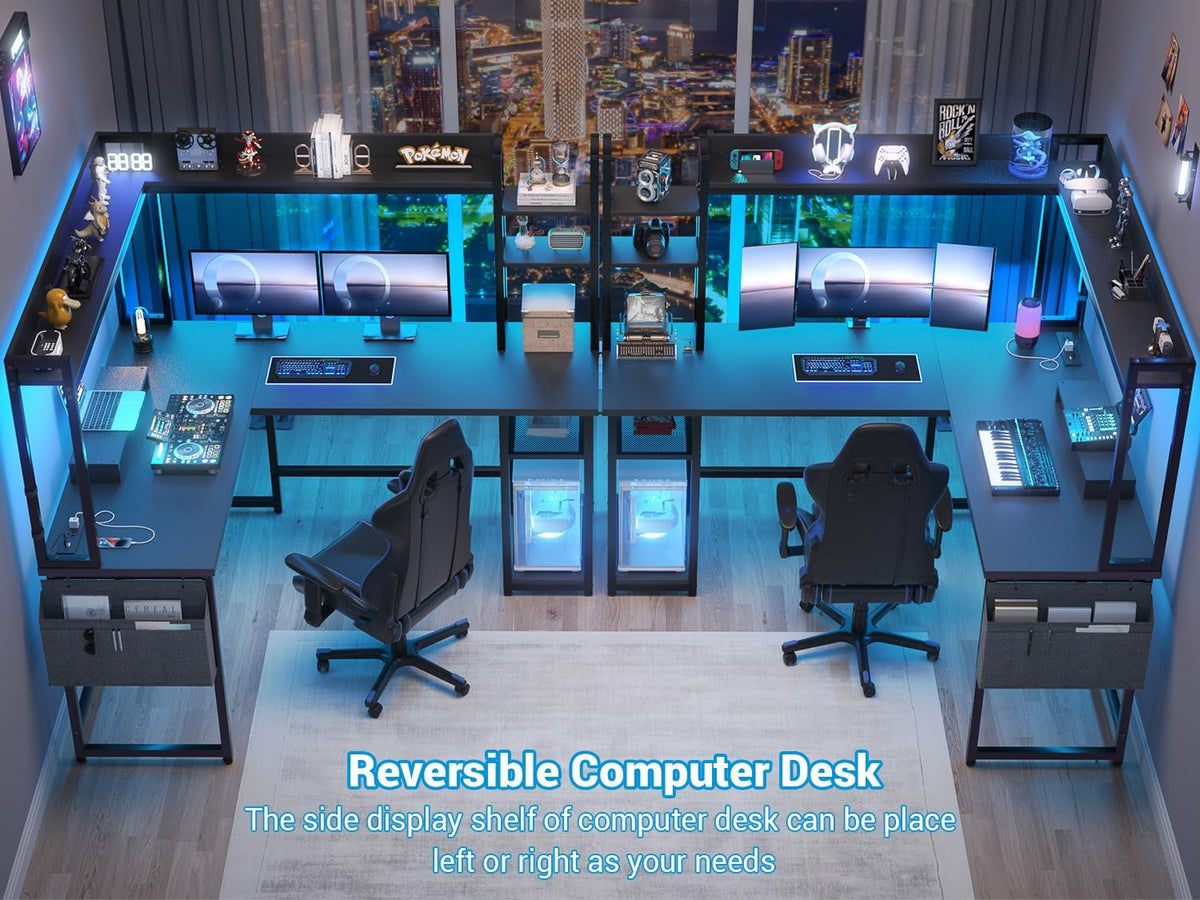 L Shaped Desk Gaming Desk with Power Outlet & LED Light & Monitor