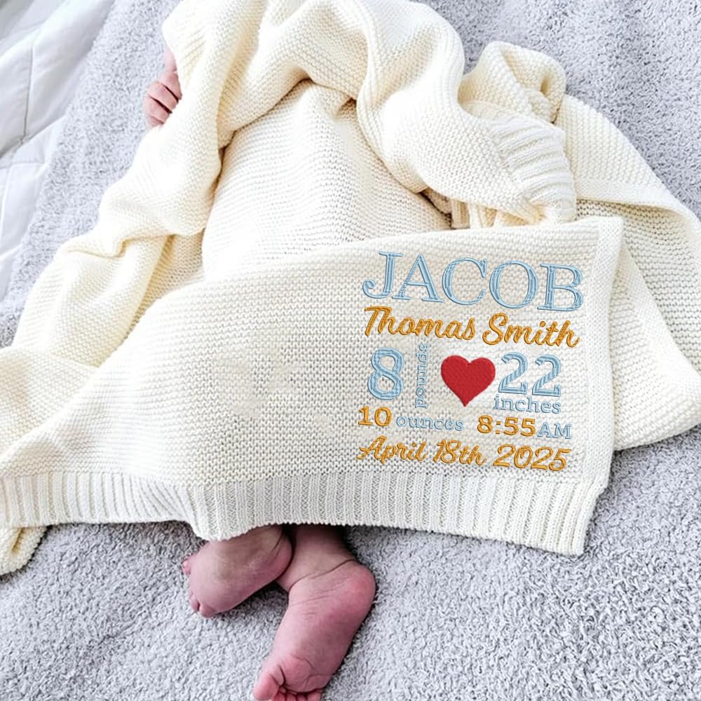Luxury Personalized Baby Blanket with Birth Stats Embroidered, Custom Name, Date, Weight, Length, Soft Knit 100%