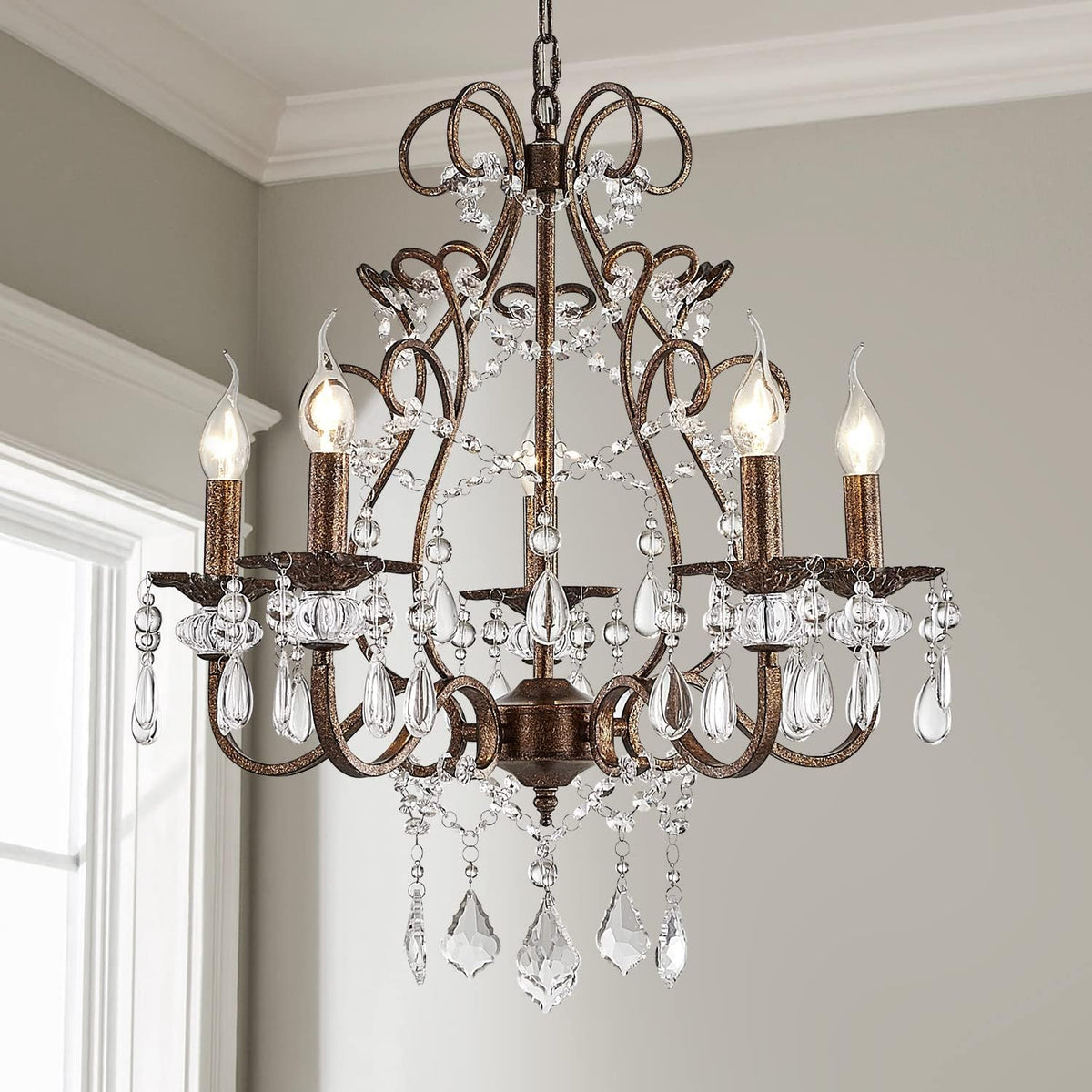 Five-Light Farmhouse Crystal Chandelier with Dark Iron Frame and Clear Drops