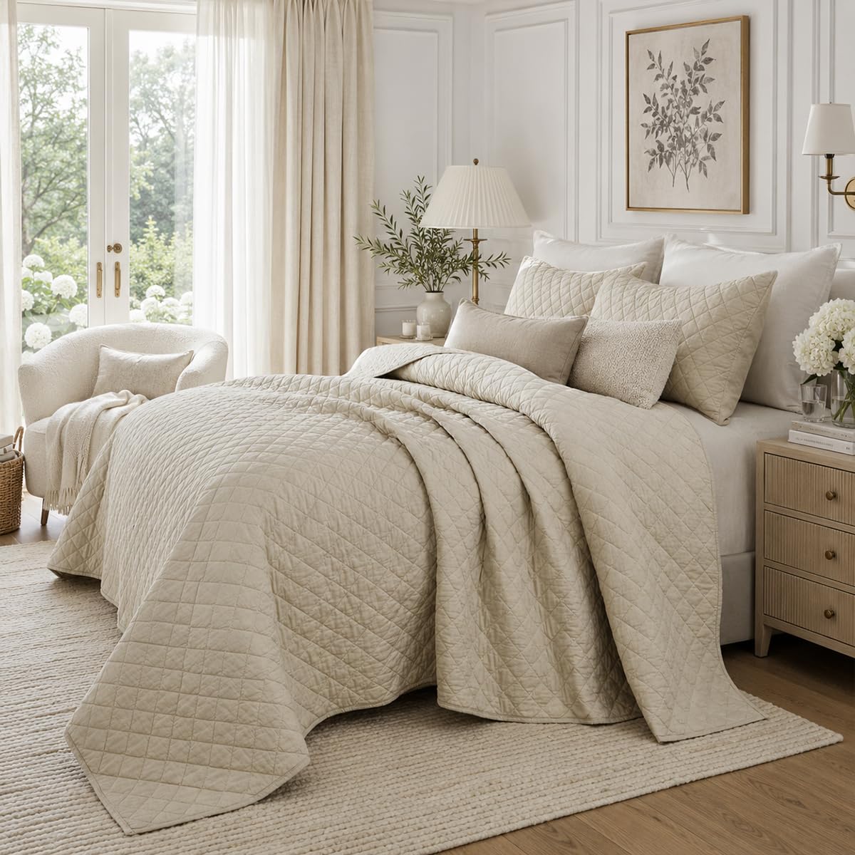 Beige Plaid Stitched Quilt Set Cotton All Season Coverlet
