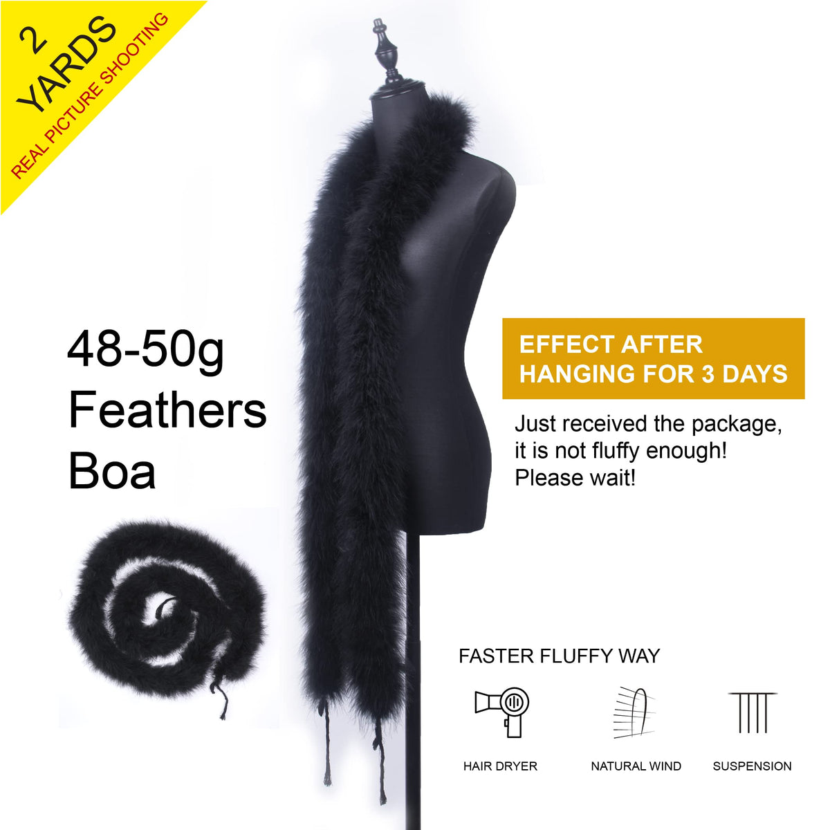 50g Black Fluffy Marabou Feather Boa for DIY Craft Sewing Trim Home Wedding Party Christmas Decoration - 2 Yards