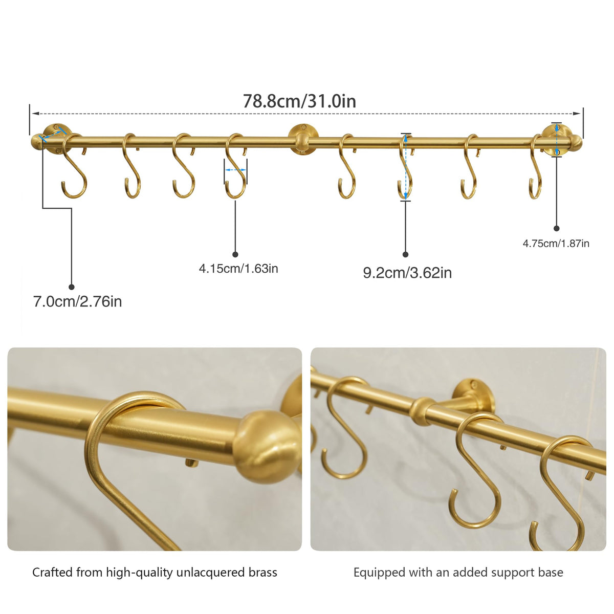 31 Inch Brass Pot Rack Wall Mounted, Kitchen Rail with Hooks for Pots, Pans, Mugs and Utensils, Segmented Wall