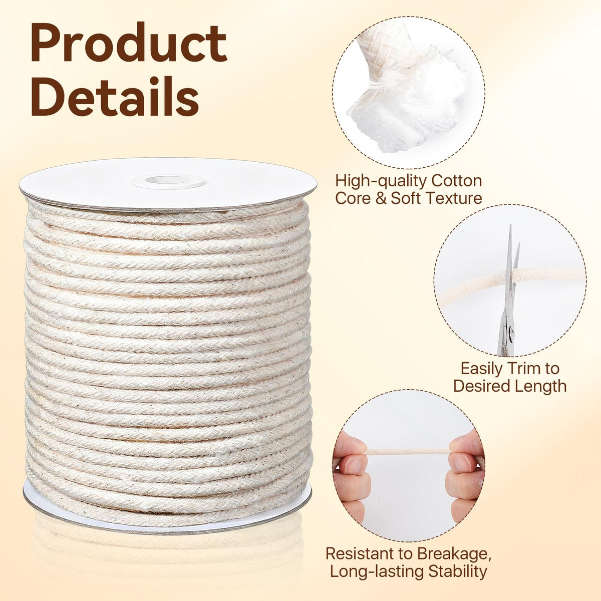 M (5/32") Piping Cord for Sewing, 109 Yards Soft Cotton Welt Cord, Beige Braided Cording for Sewing Pillows - 4m