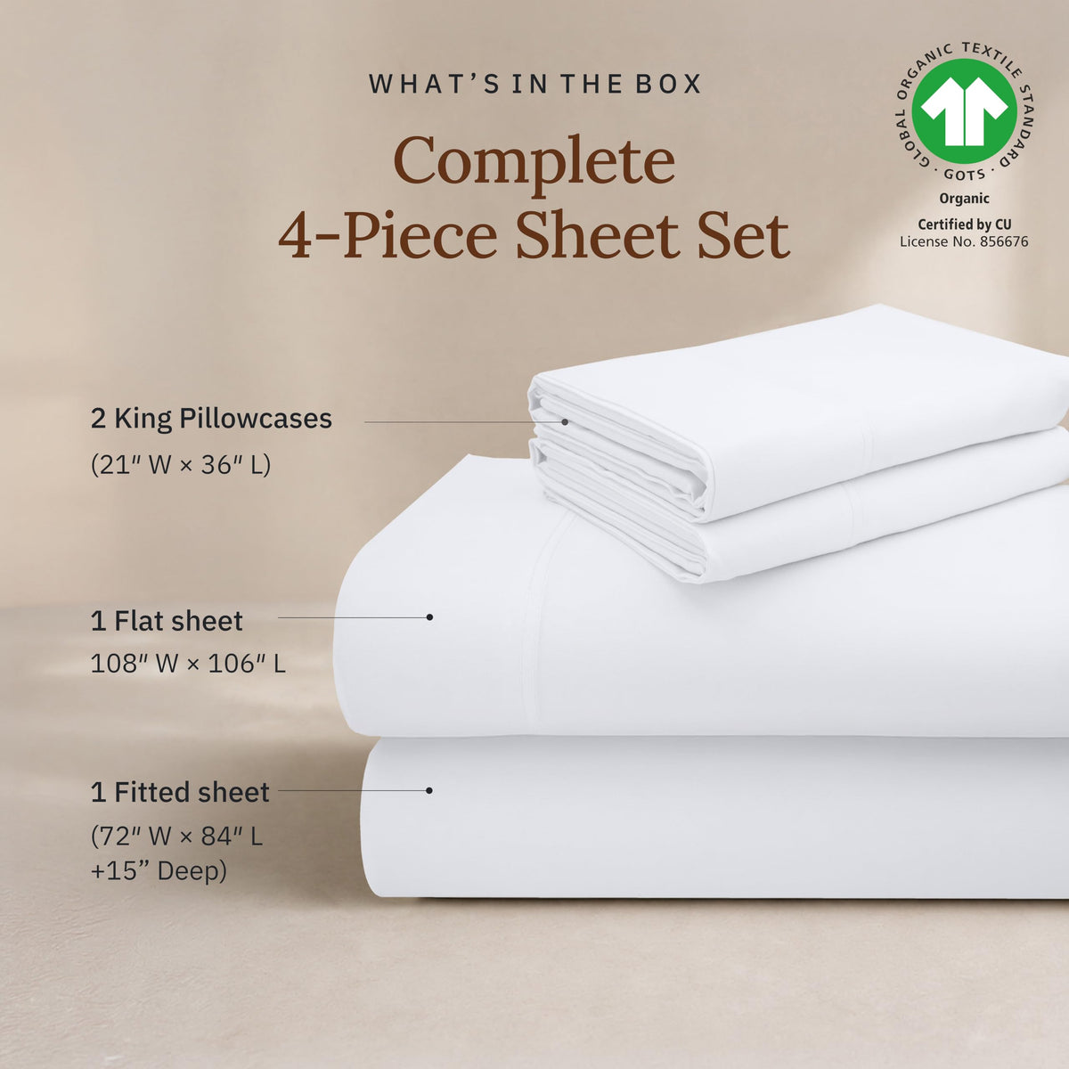 100% Organic Cotton Sateen Cal King Sheet Set, White