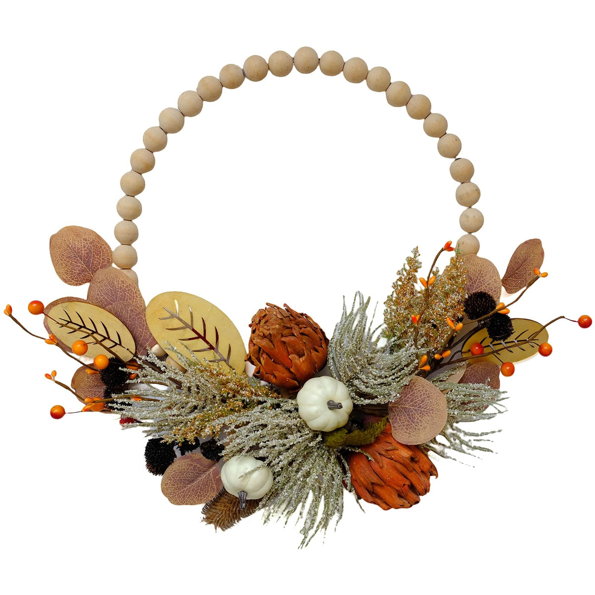 16" Artificial Fall Wooden Beads Wreath with Leaves, Chrysanthemums & Mini Pumpkins - Handcrafted Harvest Decor for