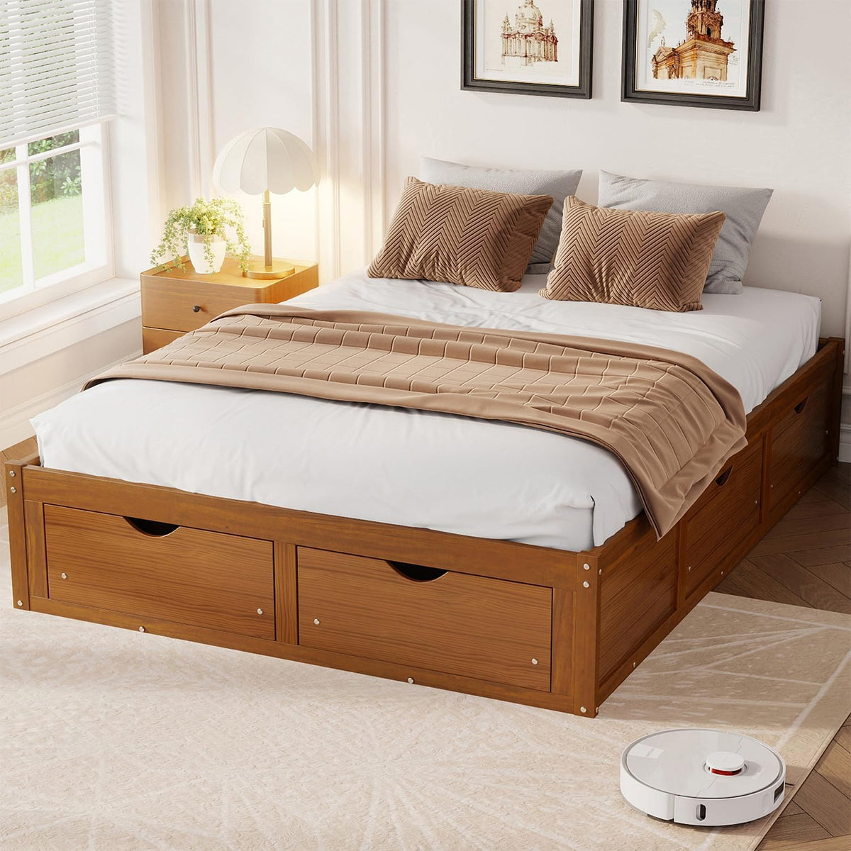 Japanese Queen Size Wooden Floor Bed Frame with 6 Storage Drawers