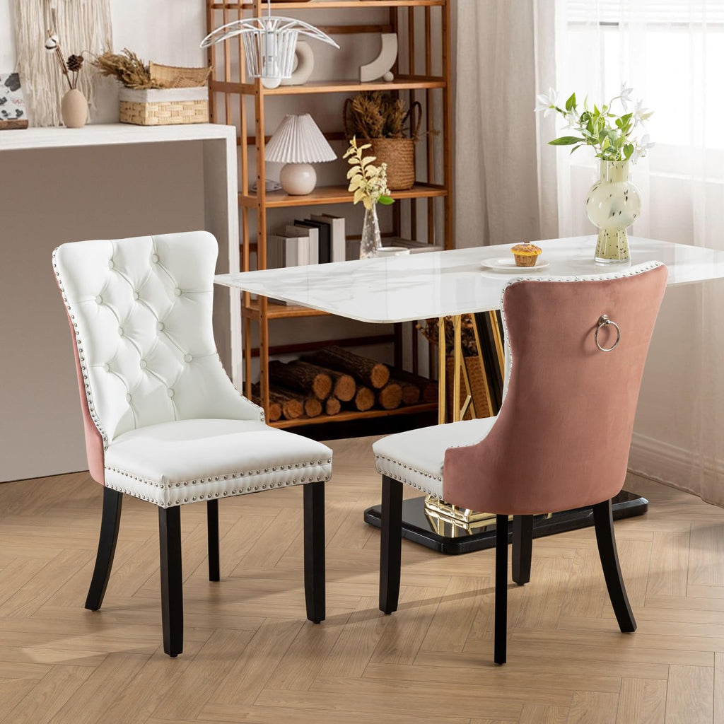 Leather Dining Chairs Set of 2, Tall Back Side Chair, Modern Upholstered Side Chair with Button Back Ring, Solid Wood