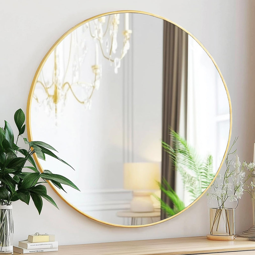 Large Round Mirror, Circle Mirror 30 inch, Brushed Gold Metal Frame