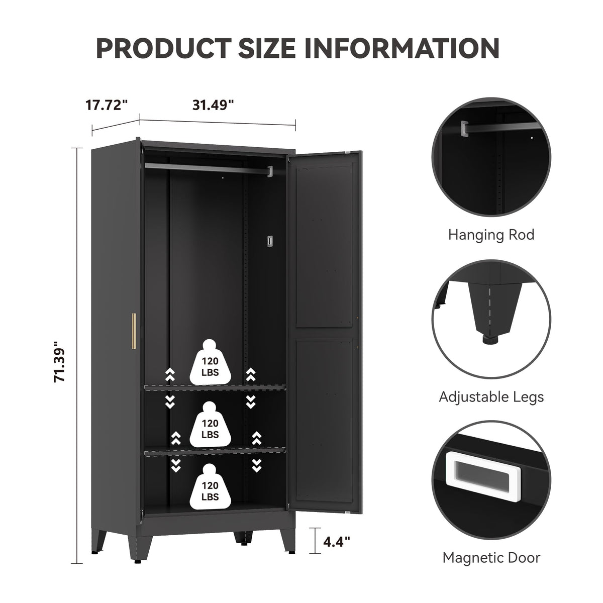 Metal Armoire Wardrobe Closet with Hanging Rod, 71H Metal Cabinet with Doors and Shelves, Freestanding Bedroom Armoire