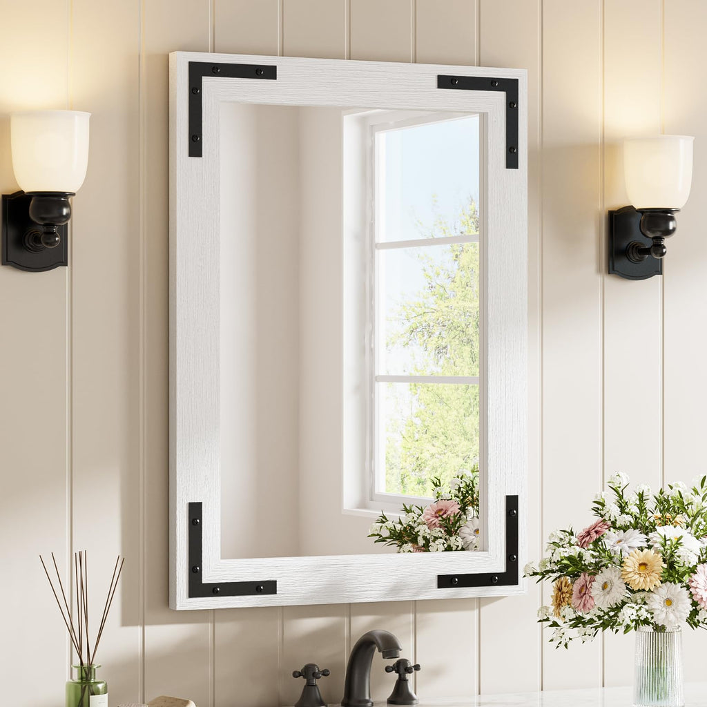 Farmhouse Bathroom Mirror, 20"x28" Rustic Wood Framed Wall Mirror