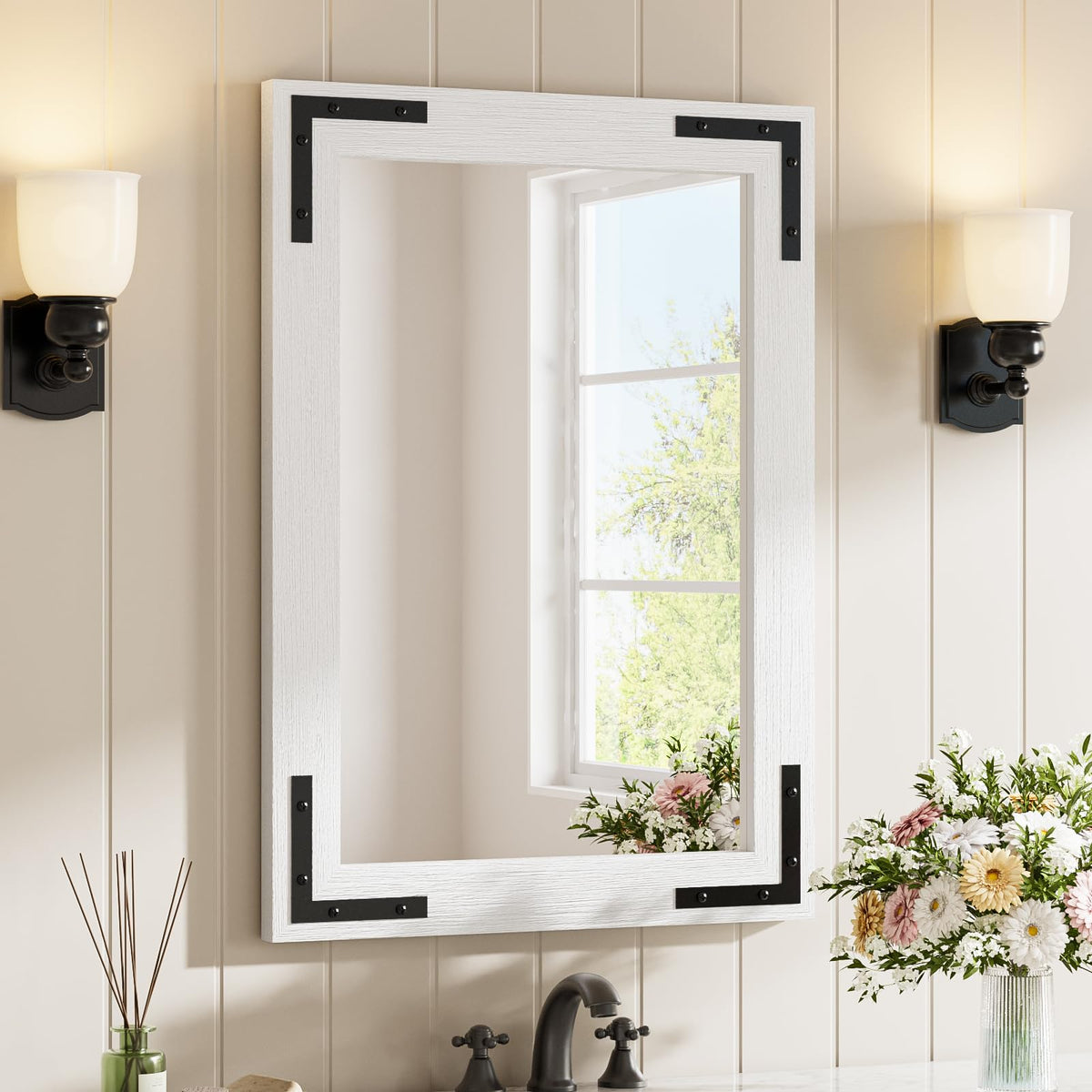 Farmhouse Bathroom Mirror, 20"x28" Rustic Wood Framed Wall Mirror