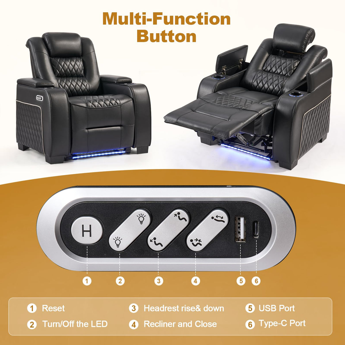 Dual Motor Power Recliner Set of 6 with Adjustable Headrest & LED Light
