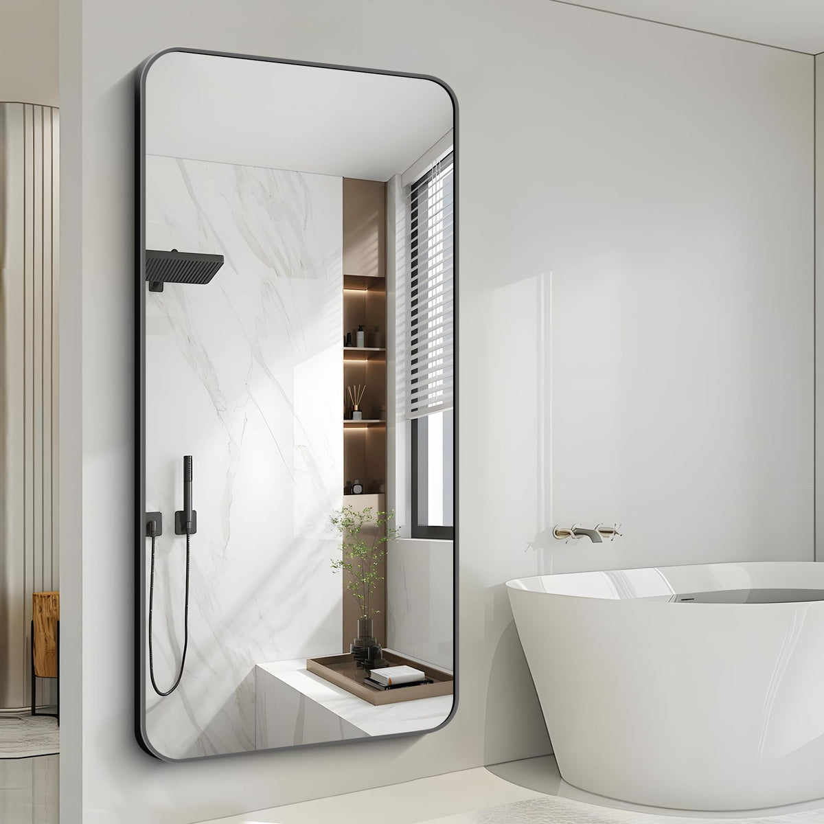 Large Bathroom Mirror 72x36 Inches, Black Oversized Wall Mirror for 2 Sinks Aluminum Frame Full Length Rounded Corner