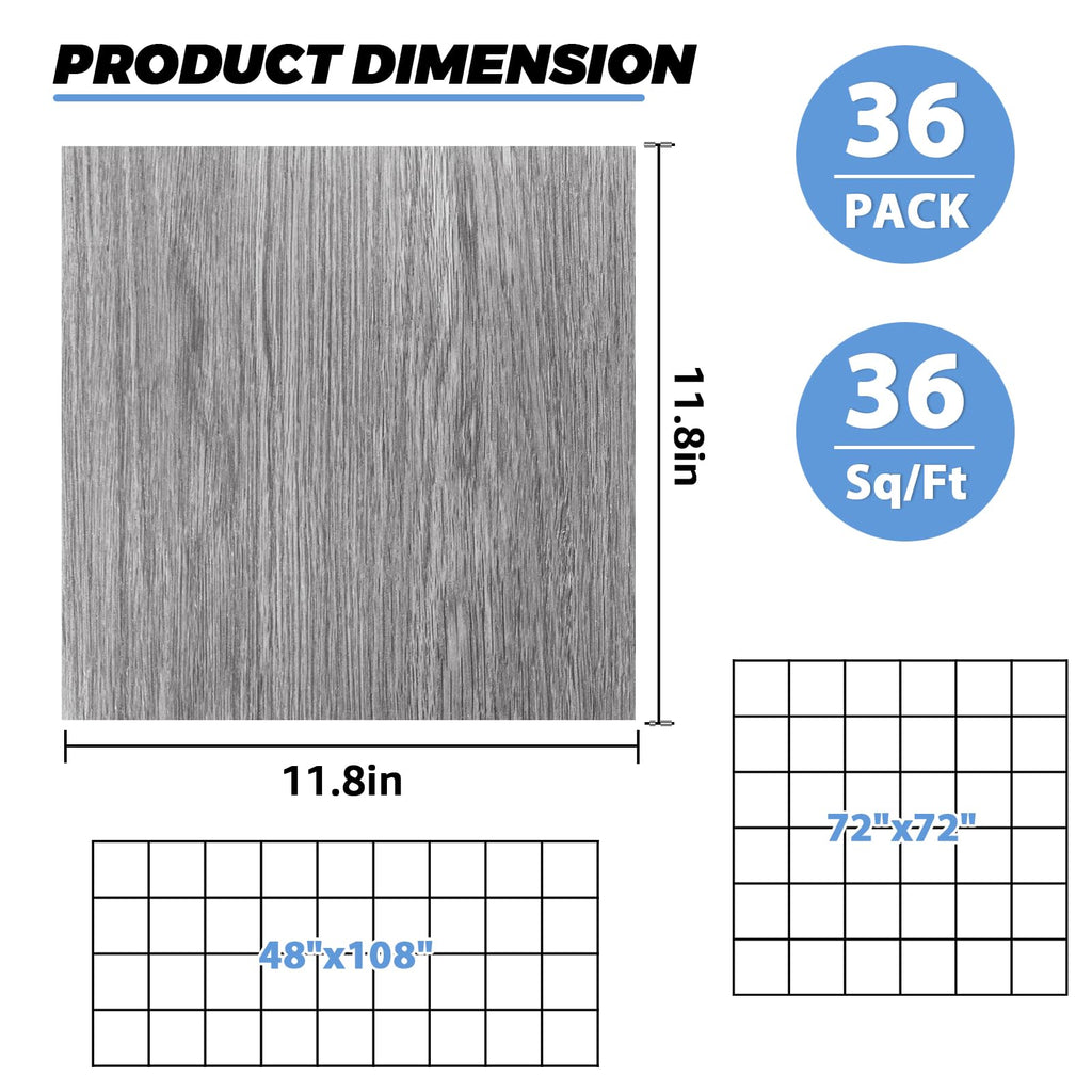 Thicken 36 Sheet Vinyl Flooring 12x12 Peel and Stick Floor Tile Waterproof Clearance Vinyl Floor Tiles Vert Wood Grey