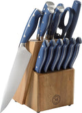 Greeley Forged High Carbon Stainless Steel 14 Piece Knife Block Set, Navy Blue Kitchen Knife Set with Acacia Wood