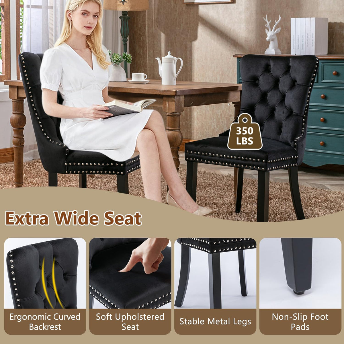 Dining Table Set for 8, 79'' Large Modern Rectangular Dining Room Table with 8 Velvet Chairs, Black Wood Finish