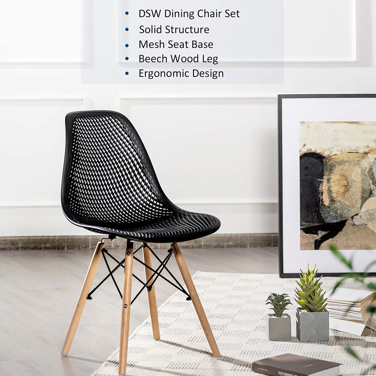 Inspired Eames Style Set of 4 Dining DSW Chairs, Shell PP Lounge Side Chairs w/Beech Wood Legs & Mesh Design, Modern Side Chairs Living